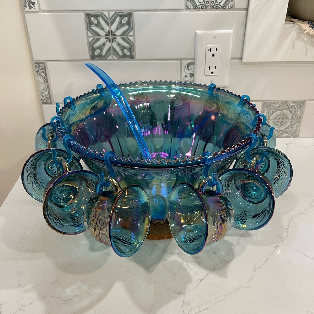 Vintage 1970s Indiana Glass Iridescent Blue Carnival Glass Punch Bowl Set, 12